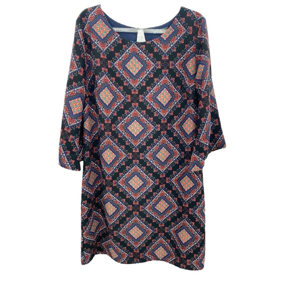 Gibiu Shift Black Geometric Dress Keyhole 3/4 Sleeves Medium‎ Boho 70’s Retro